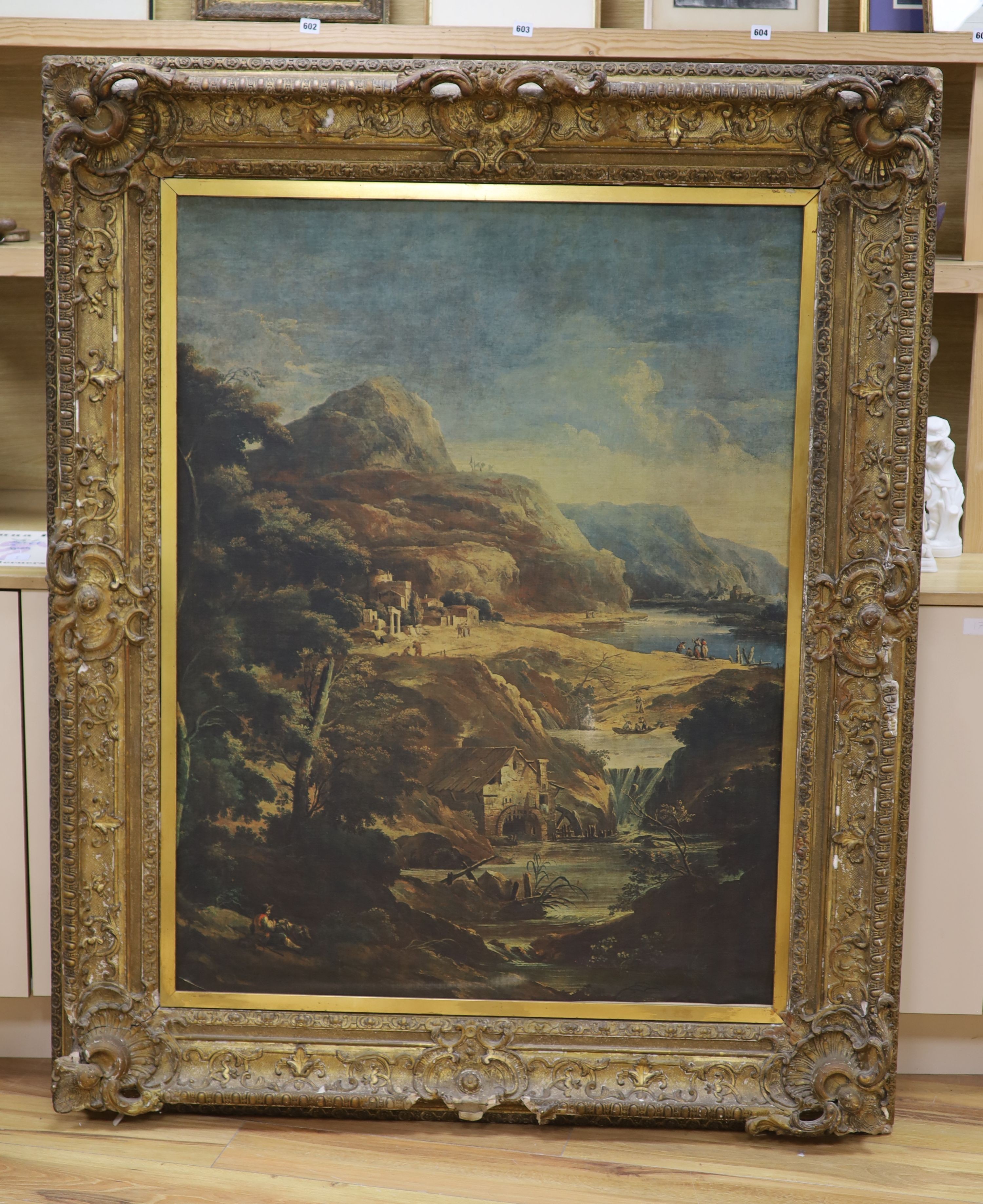 A 19th century gilt gesso picture frame, housing a printed Italianate landscape, aperture 120 x 92cm